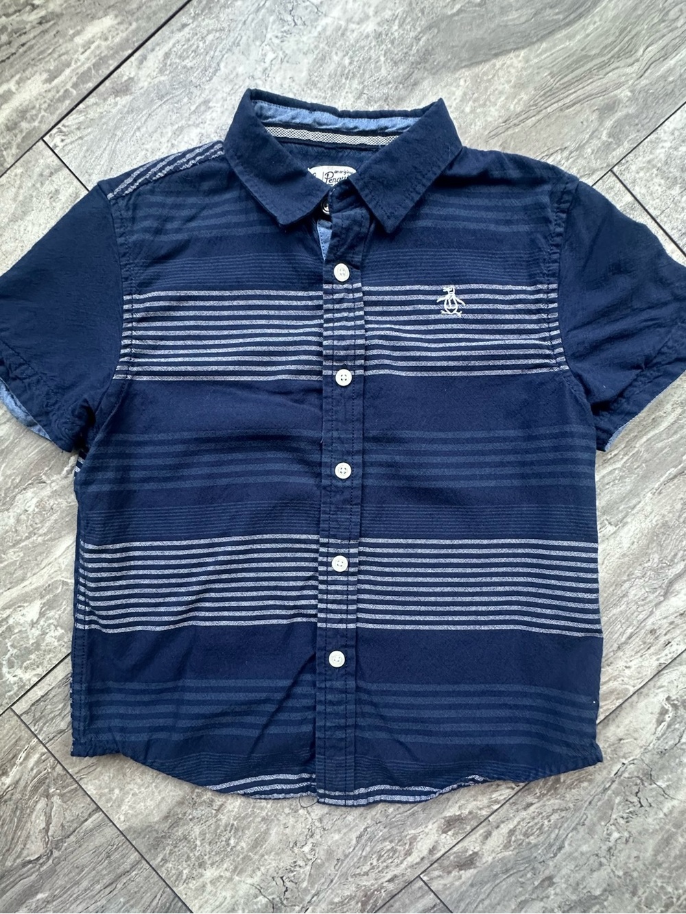 Original Penguin Boys Button Front Shirt Blue Striped Short Sleeve Cotton Size 7